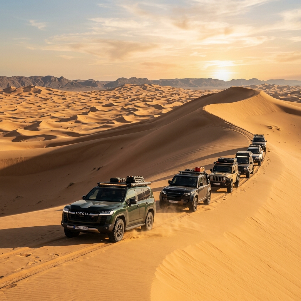Off-road vehicle convoy traversing massive dunes